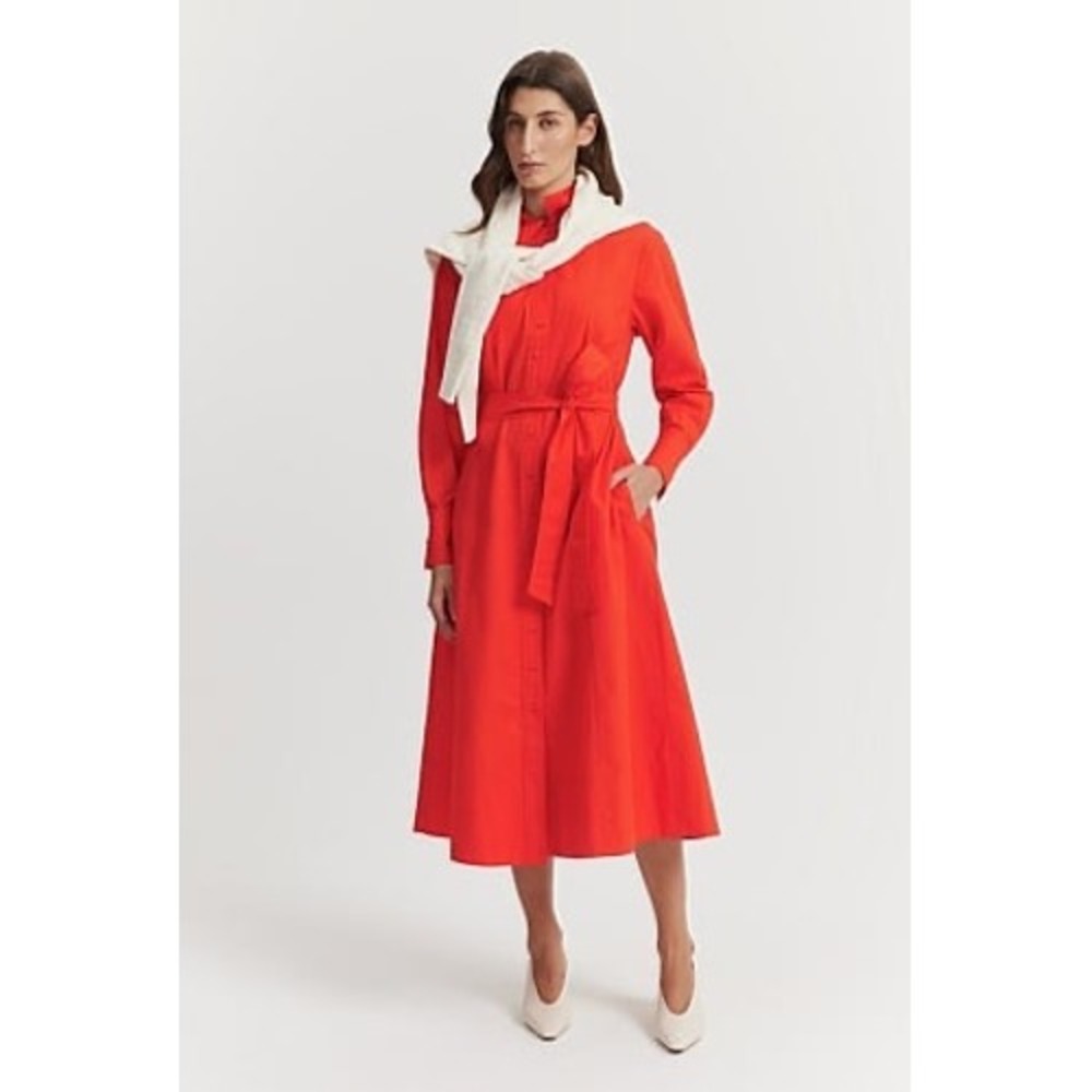 Country Road Flame Red Tie Detail Midi Shirt Dress Cotton Size 12 60284229 NWT
